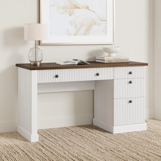 54" Modern Executive Desk with Charging Station Fluted Wood Computer Desk with File Cabinet & Drawers Home Office Furniture