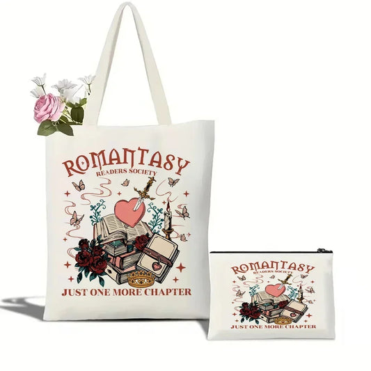 Romantasy Book Tote Bag Canvas Tote Bag Shoulder Bag with Makeup Bag Literary School Handbag Casual Bags