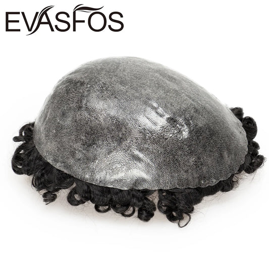 Curly PU Male Hair Prosthesis 0.12mm Injection Skin Toupee Men Durable Wigs For Men Human Hair System Unit Capillary Prosthesis