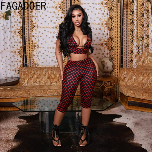 FAGADOER Sexy Woman 3 Piece Set Outfit Polka Dot Print Patchwork Short Sleeve Crop Top and Pants Matching Female Streetwear New
