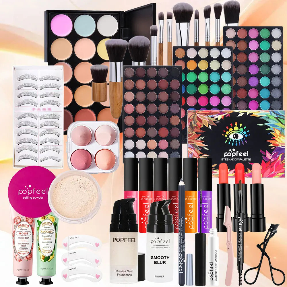 POPFEEL Complete All-in-One Makeup Kit with Brush - Full Face Beauty Set, Berry & Neutral Tones Foundation, Blush, Eyeshadow Pal