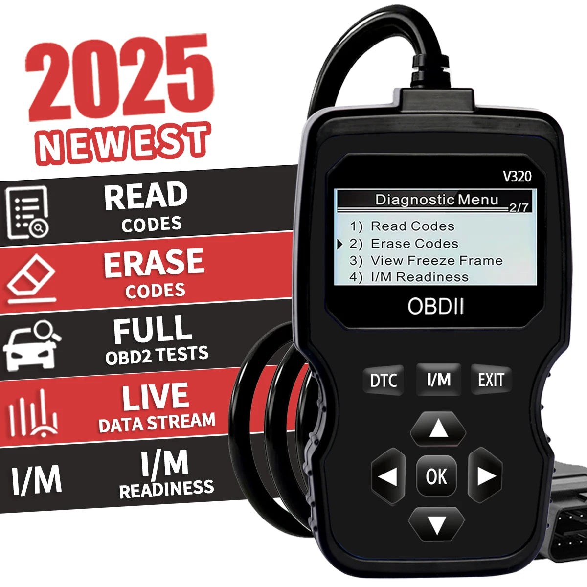 Obd2 Diagnostic Scanner Tool - Engine Fault Code Reader for All Cars since 1996, with Real-Time Data Stream, Battery Test, and Code Erasure