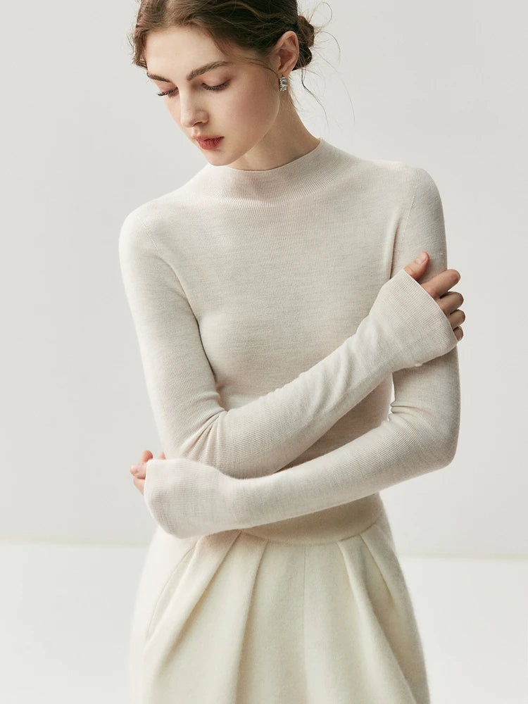 CHICUU Women 100% Wool Sweater Machine Washable Mock Neck Pullover 18-Thread Worsted Cashmere Knitwear Autumn Winter Clothes