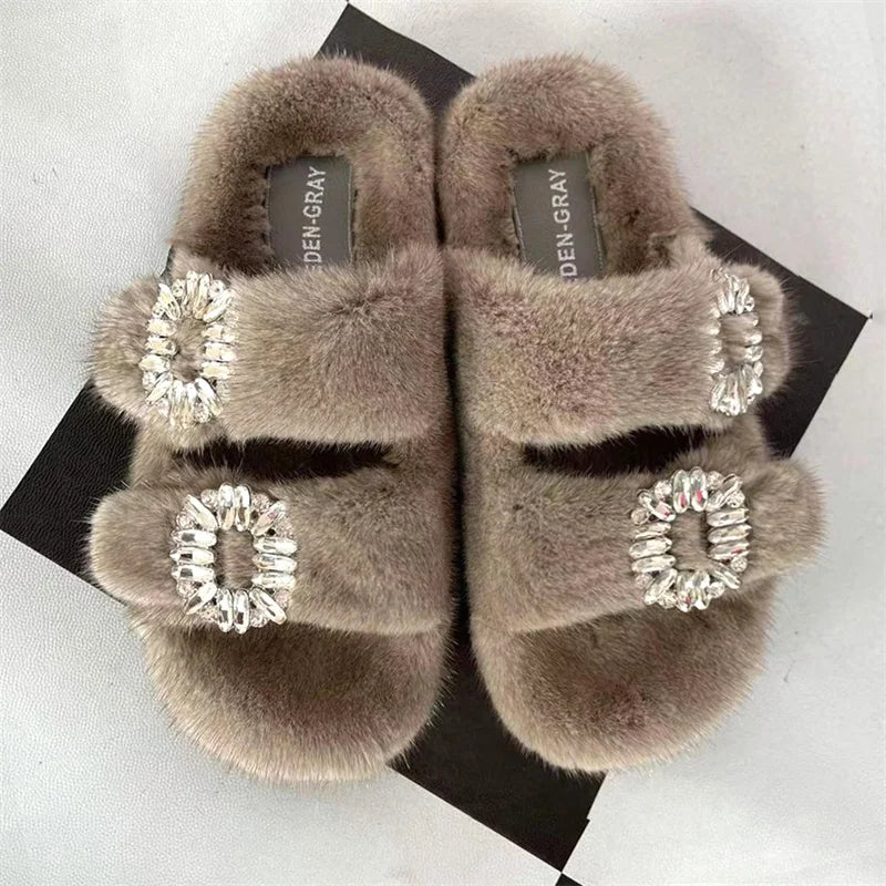 Summer Women Mink Fur Slippers Woman Luxury 2026 Women's Sandals Outdoor Fashion Casual Shoes Fur Mule Shoes Opentoed Slides