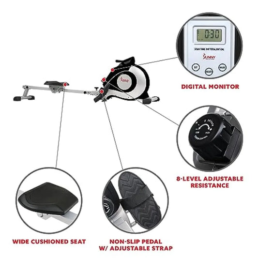 Magnetic Rowing Machine Rower with 8Level Resistance for Home Fitness Training 53.4 Extended Slide Rail and Digital LCD Display