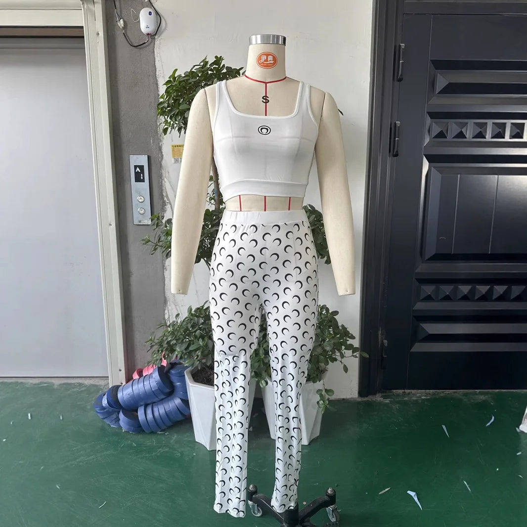 Sexy Women Two Piece Set Slim Fit Vest Pants Y2K Fashion High Street Retro Crescent Print Matching Outfit