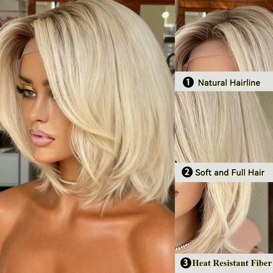Bob Wig Short Ombre Brown Straight Lace Front Wig 200 density human hair wig 13x4 HD Ombre Brown Roots Ash Blonde Lace Front Wig