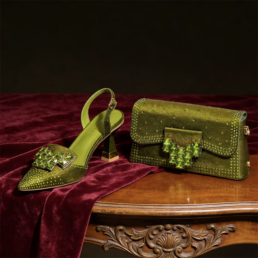 2026 INS Italian Design Olive Green rhinestone Pointed-Toe Women's High Heels & Matching Bag Set - Ideal for Parties & Weddings