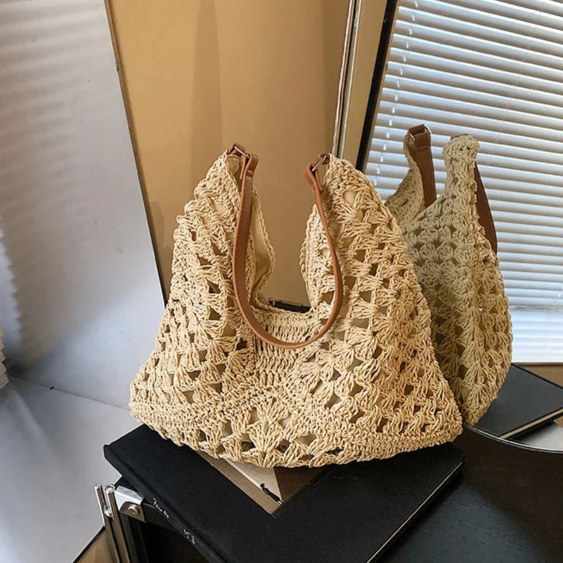 Ladies Knitted Straw Handbag Hollow out Hand Woven Beach Shoulder Bag for Women Seaside Tote Perfect for Vacations