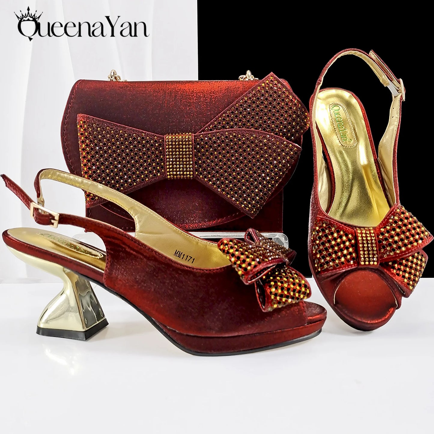2025 New Rhinestone Design African Shoes & Bag Set in Olive Open Toe Comfortable Women's High Heels Hot Sale on Instagram