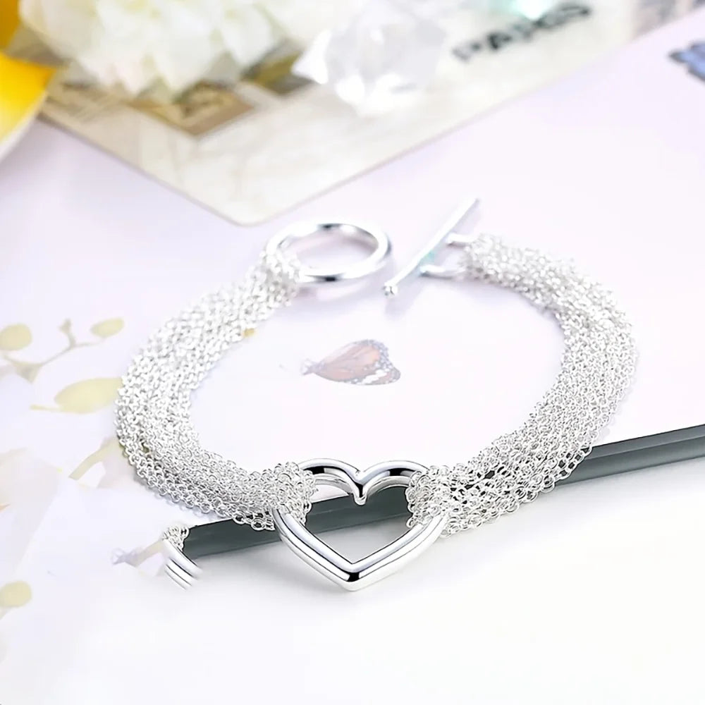 Stylish 925 Sterling Silver Exquisite Heart-Shaped Bracelet for Women and Men, Luxury Gift for Parties and Engagements