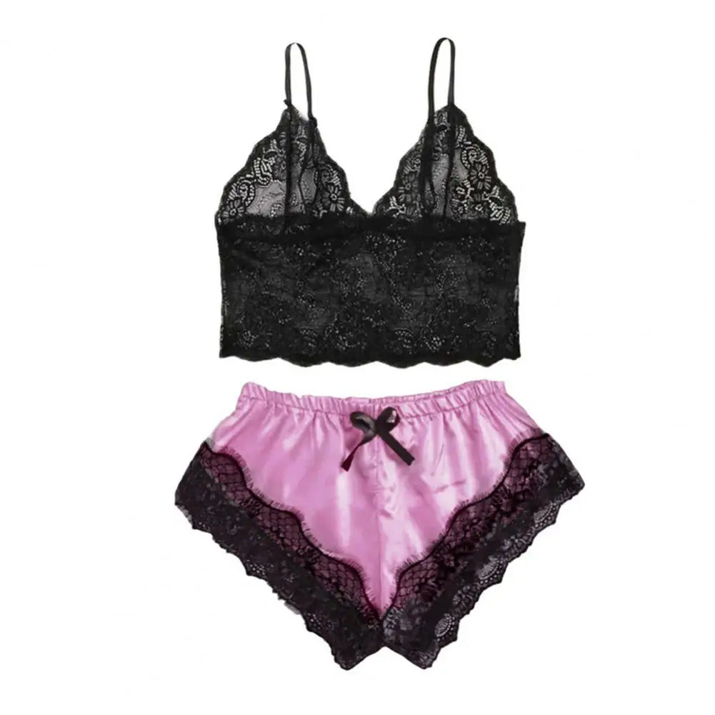 Spaghetti Strap Shorts Women Sleepwear Set Elastic Solid Color Female Camisole Shorts Lace Women Sleepwear Set