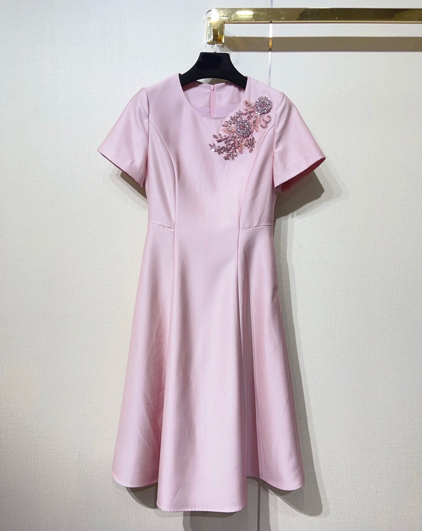 ZJYT Elegant Luxury Diamonds Dress Women 2026 Spring Summer Short Sleeve Midi Special Party Eve Dresses Pink Casual Vestidos