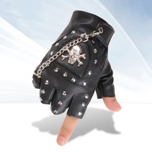 Skull Rivet Gloves Street Dance Men Fashion Punk Couple Chain Gloves Nightclub Women Waterproof PU Leather Half Finger Gloves