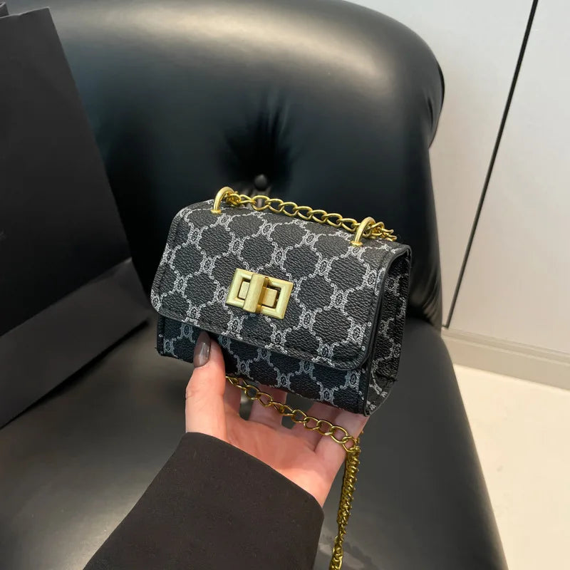 Stylish Mini Crossbody Bag with Geometric Pattern Faux Leather Buckle Closure Painted Edge Detail Faux Leather Lining Purse