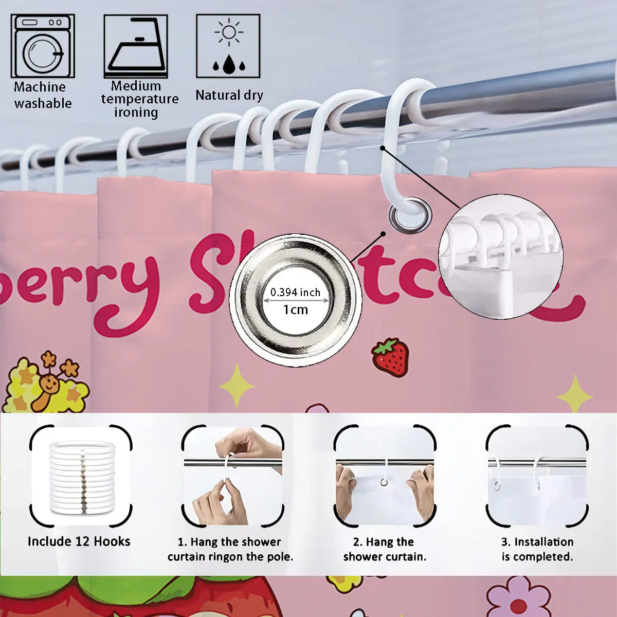 1pc Pink Cake Girl Printed Waterproof Shower Privacy Partition Shower Curtain With 12 Hooks Multiple Sizes Machine Washable