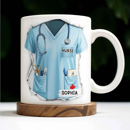 Custom Nurse Day Gift Ceramic Mug with Engraving - Premium White Cup with Medical Motifs