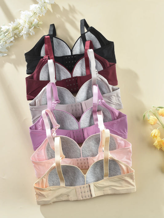 6Pcs Simple, Comfortable, Breathable, Wire-Free Push-Up Bra for Women, Color-Blocked Seamless Bra, Pure Color Normcore Intimates