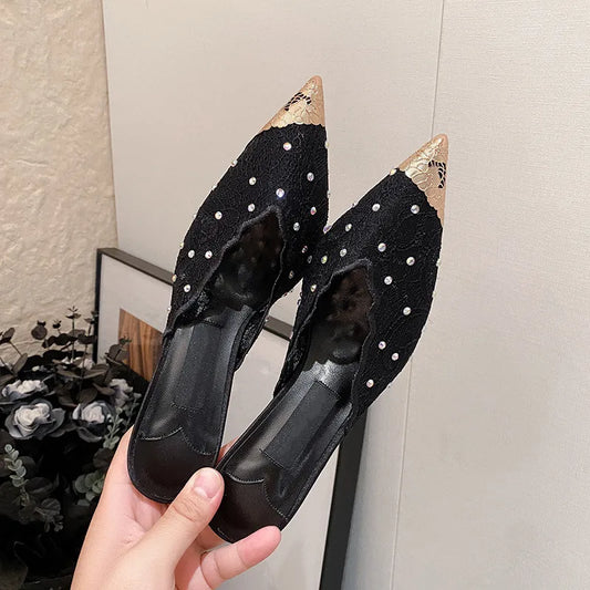 Luxury Rhinestones Mesh Lace Women Pumps Sandals Summer Elegant Pointed Toe 8cm Thin High Heels Mulse Sides Fashion Party Shoes