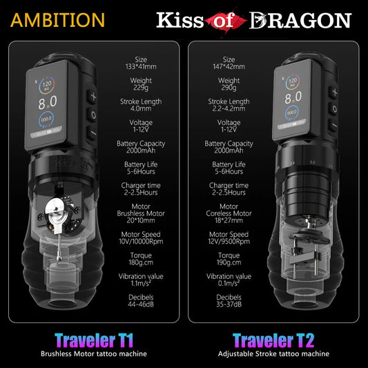 Ambition Wireless Tattoo Machine Traveler-T1 Straight Rod Direct Drive and Traveler-T2 Adjustable Stroke 2.4-4.2mm Battery Pen