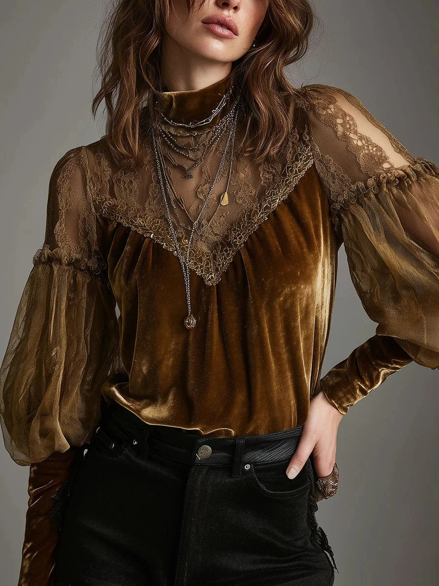 Autumn Velvet Shirt for Women 2025 New Fashionable Long-sleeve Half Turtleneck Base Blouses for Women Sexy Mesh Lady Tops
