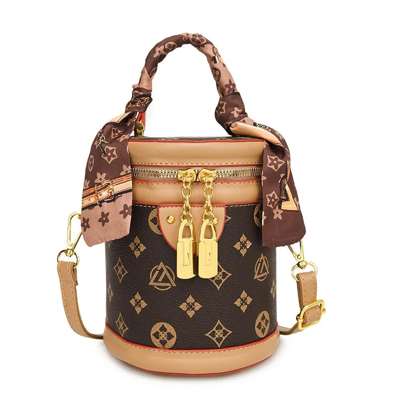 Stylish Printed Bucket Bag with Scarf Detachable Strap Shoulder Crossbody Bag for Women