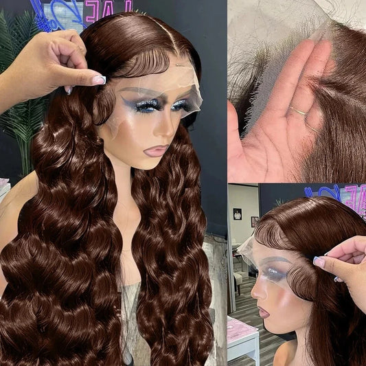 Smilegirl 250% Density Brown Body Wave Lace Frontal Wigs Human Blended Hair 13x4 HD Transparent Brown Body Wave Lace Frontal Wigs Chocolate Brown