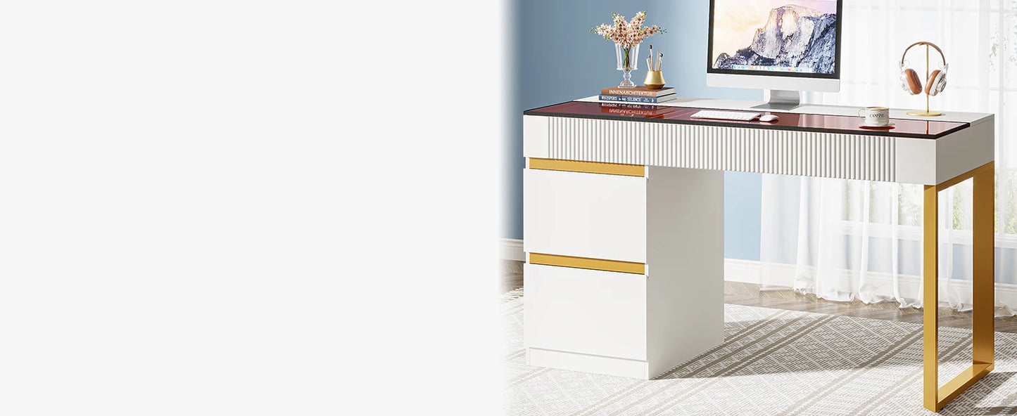Tribesigns Computer Desk with 4 Drawers, 47 Inch Modern Home Office Desk with Glass Top, White and Gold Writing Workstation Desk