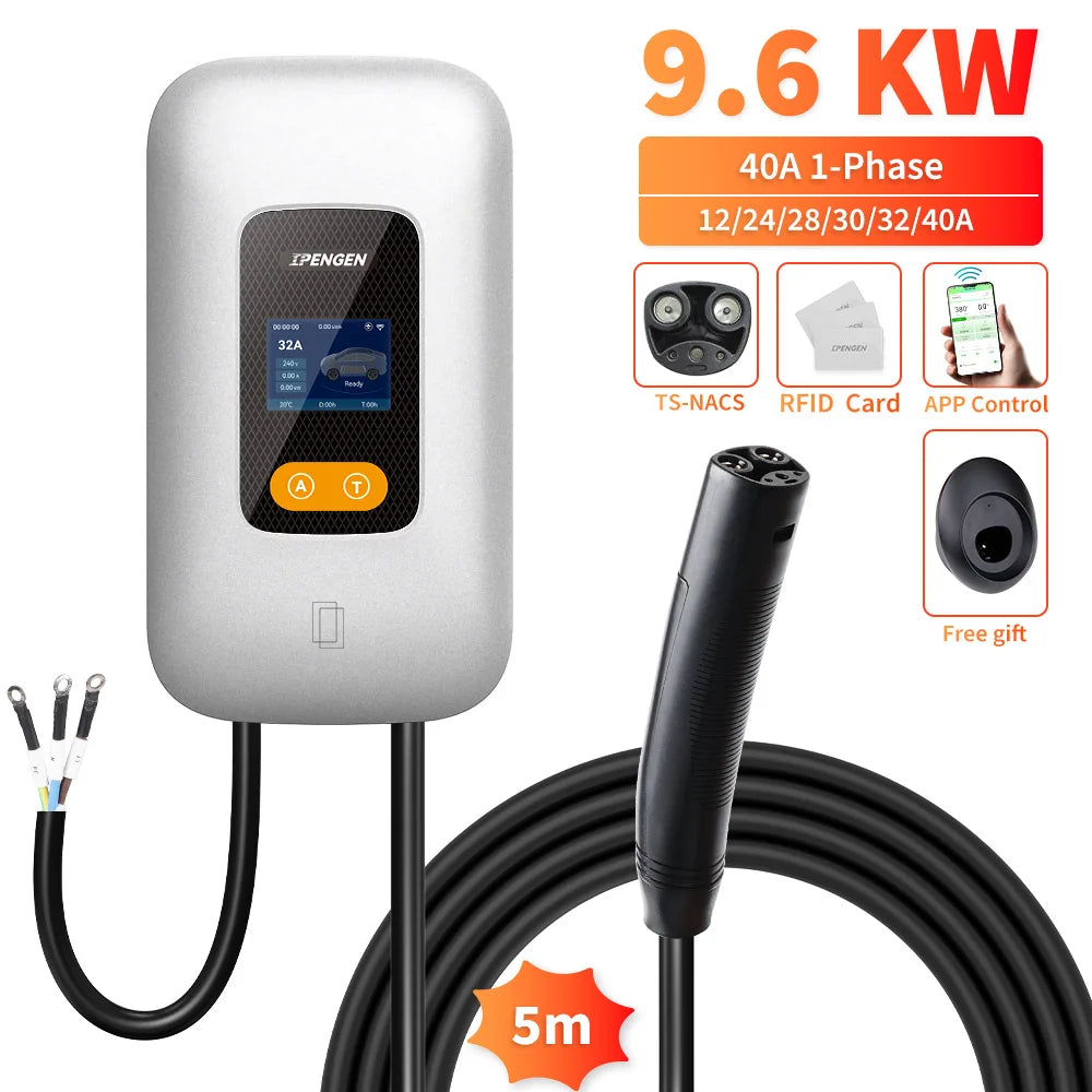 IPENGEN EV Charging Station 32A 7KW TS-NACS Charger Plug for Tesla Car Charger EVSE Wallbox 9.6KW 12KW Fast Charging APP Control