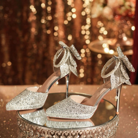 Shiny Glitter Bow Pearl Chain High Heels Wedding Banquet Dress Wedding Shoes Women's Shoes
