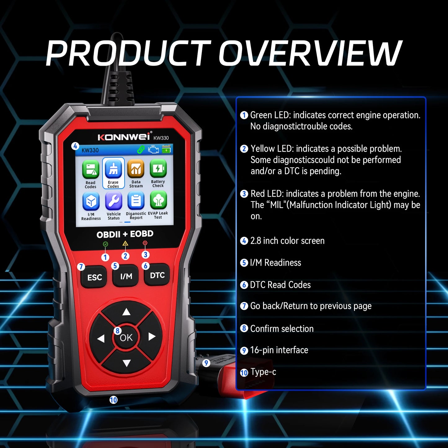 2026 KONNWEI KW330 Car OBD2 Fault Scanner Engine Battery Test Fault Code Clear Real-Time Data Professional OBD Inspection Tool