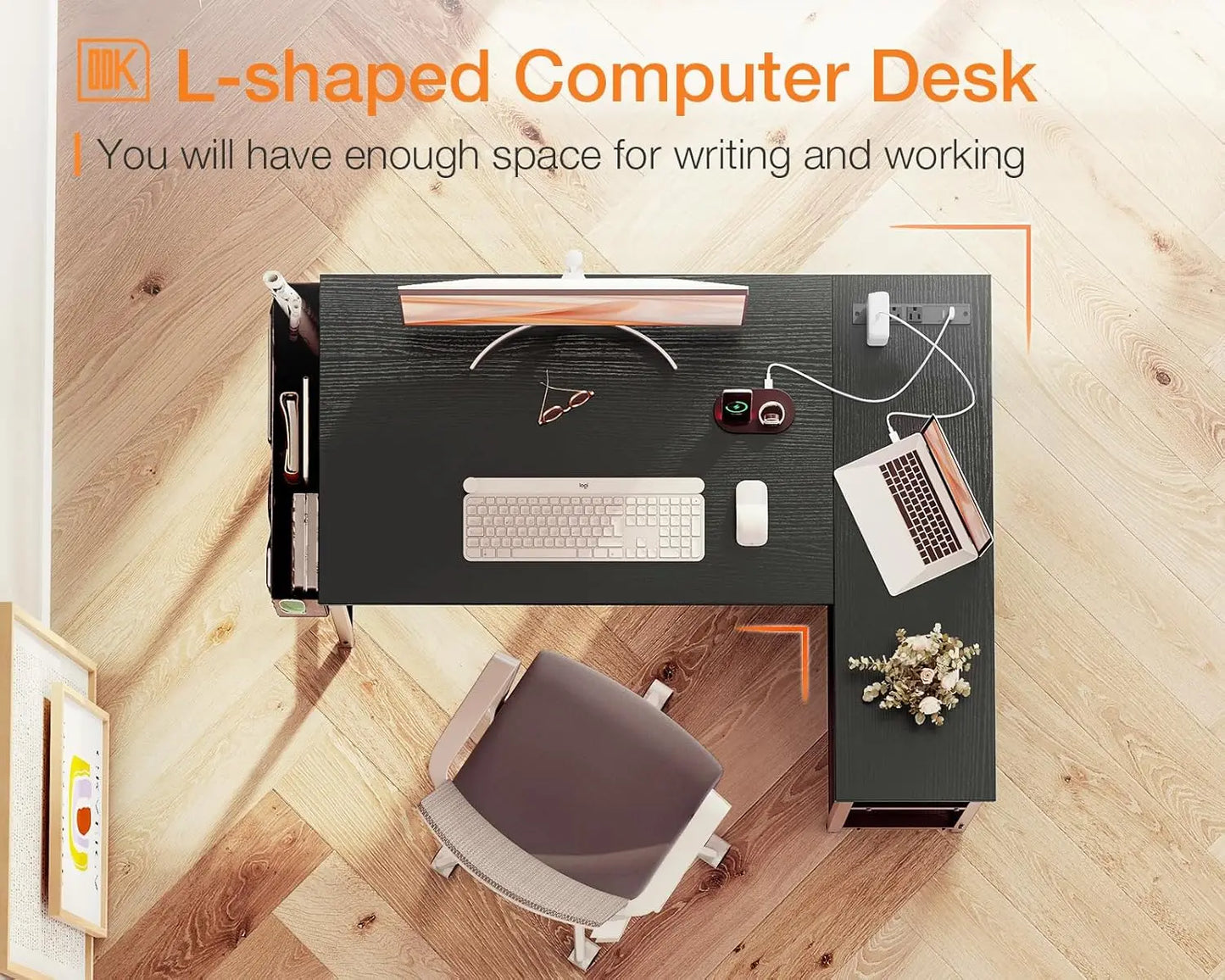 40 Inch L-Shaped Gaming Desk with Power Outlets, Reversible Shelves & PC Stand for Home Office, Black