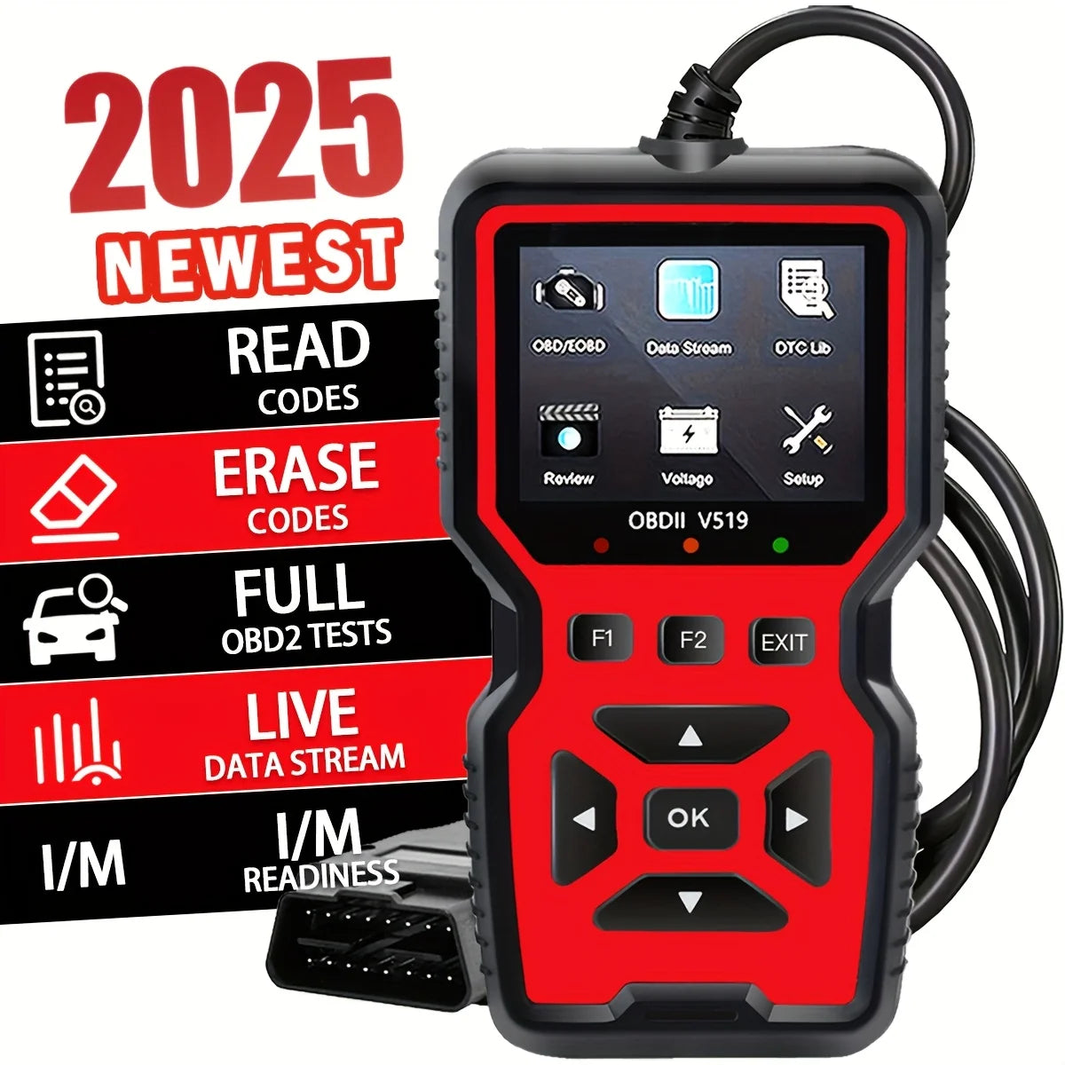 Professional Obd2 Diagnostic Tool Heavy Duty Vehicle Repair Tool - Code Reader/Resetter, Supports Real-Time Data Stream, No Battery Required, Compatible with Vehicles 1996 and up (Obdii/Eobd, Mode 6/8), Suitable for Mechanics