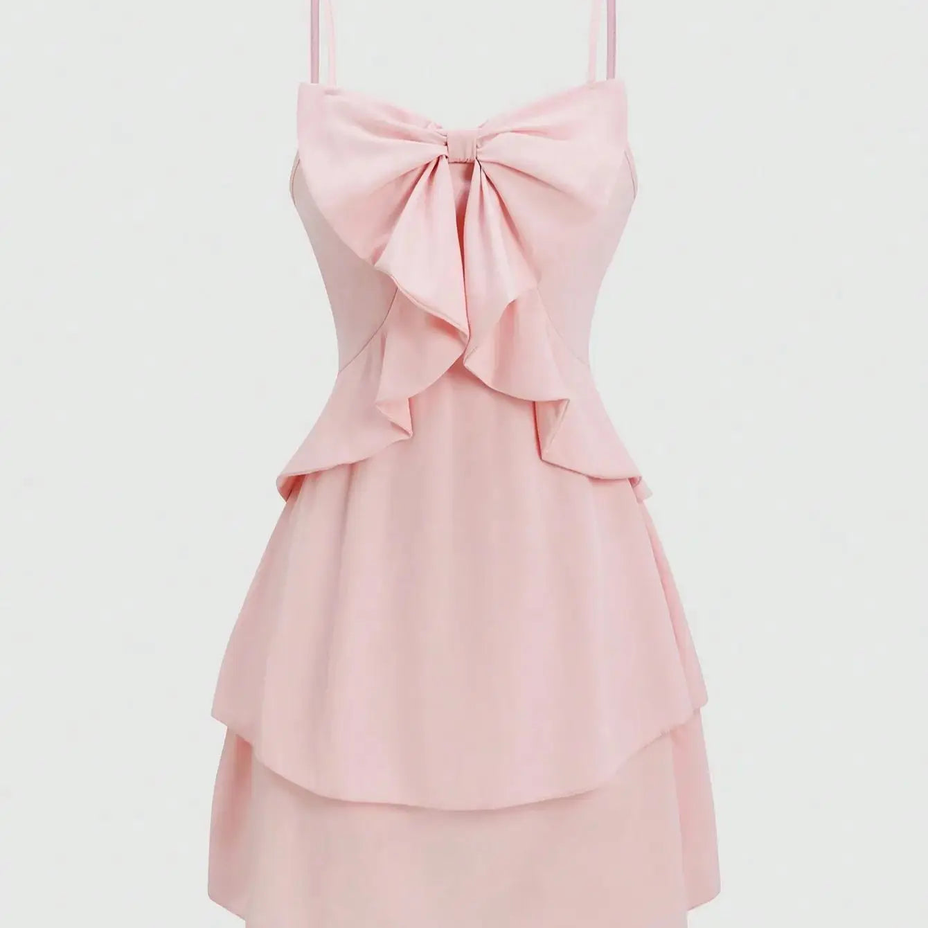 Fashionable women's waist cinched three-layer ruffle edge bow suspender dress
