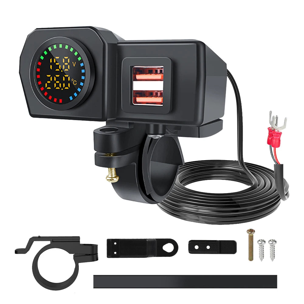 60W QC3.0+PD Motorcycle USB Charger Handlebar Power Adapter with Digital Voltmeter Thermometer Rear Switch Fast Charging Socket