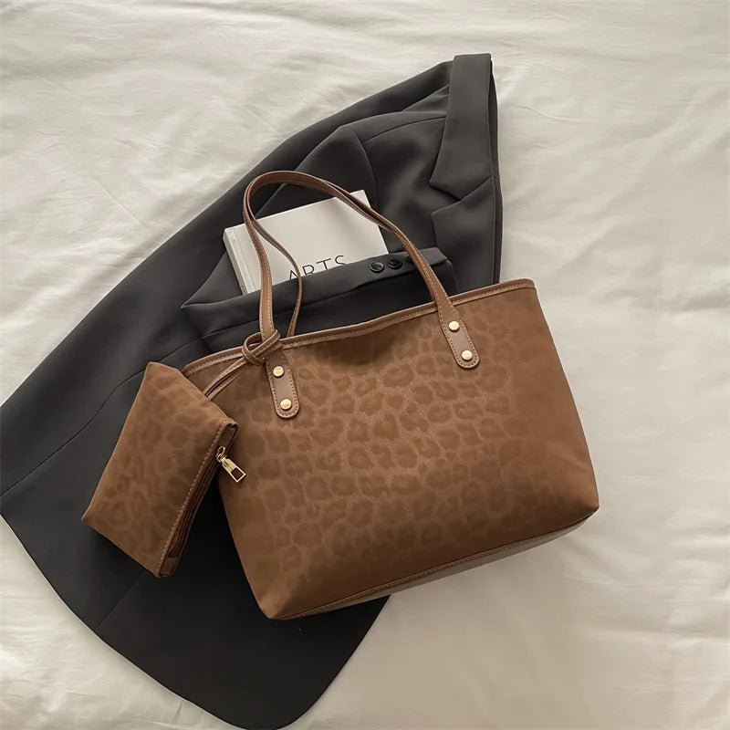 2pcs/set Leopard Print Women Shoulder Bag For Commuting, Daily Used, Casual Tote Bag Large Capacity Ladies Handbags And Purses