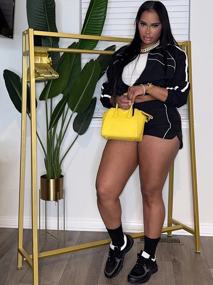 Weird Puss Casual Sporty 2 Piece Set Women Zipper Cardigan Polo-Neck Jacket+Drawstring Skinny Shorts Daily Fashion Tracksuits