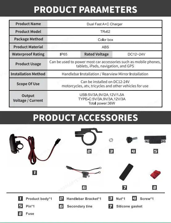 NEW PD QC3.0 Motorcycle USB Fast Charger 60W Handlebar Dual USB Socket with LED Voltmeter Waterproof 12-24V Power Supply Adapter