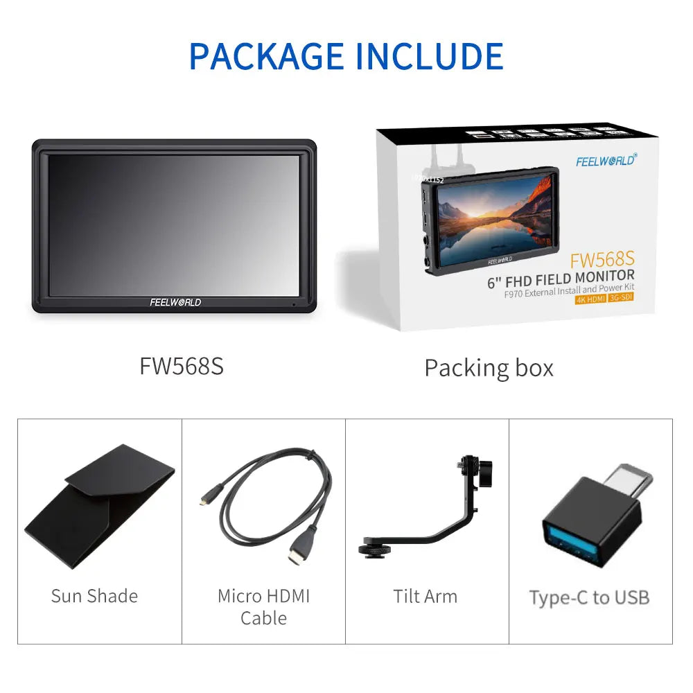 FEELWORLD FW568S 6 Inch 1920X1080 IPS FHD LCD Panel On Camera Field Monitor 3G SDI 4KHDMI Input Output for Youtube Gimbal Rig