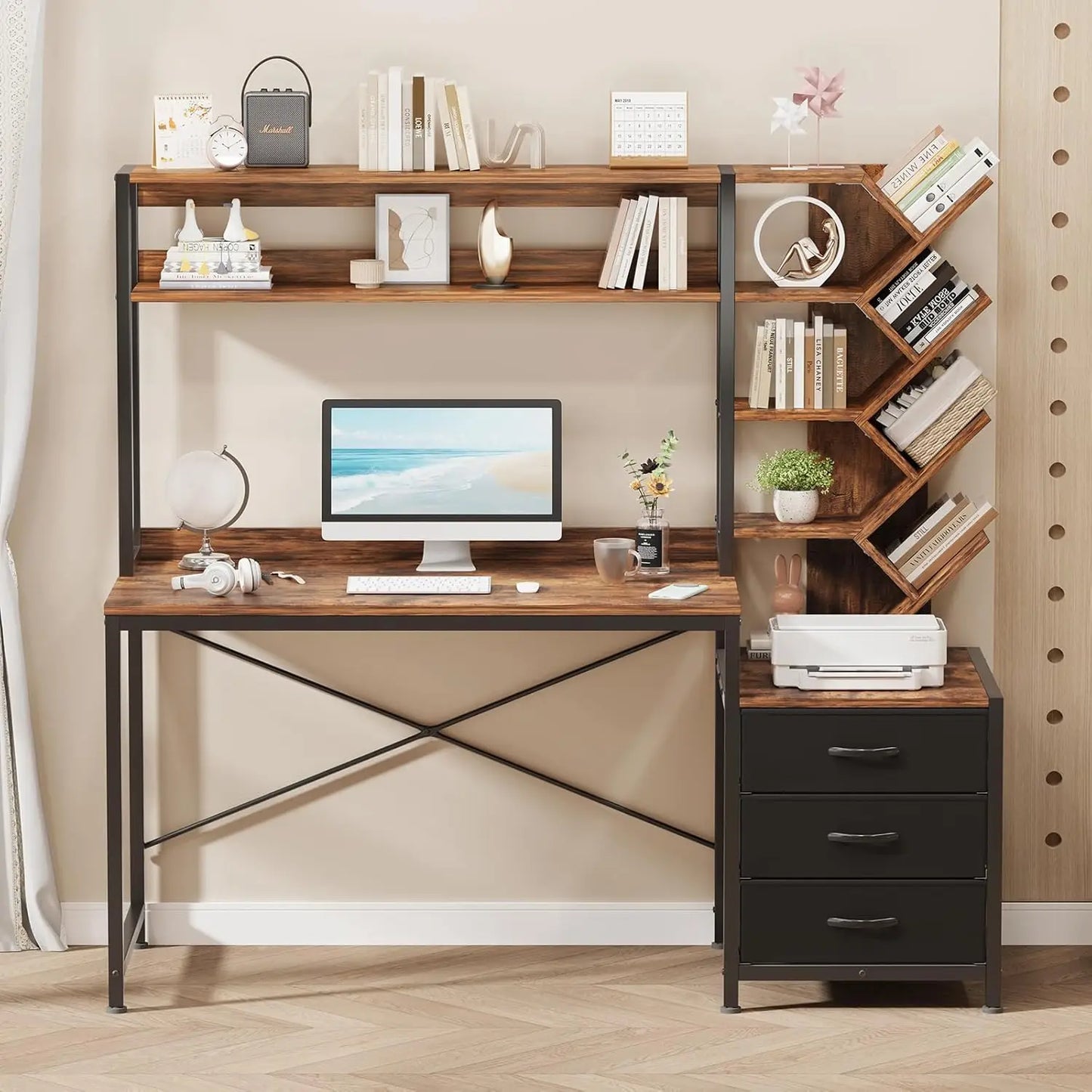 Computer Desk with Hutch, Home Office Desk with Drawers and Bookshelf, 52'' Study Writing Desk with Storage Shelves