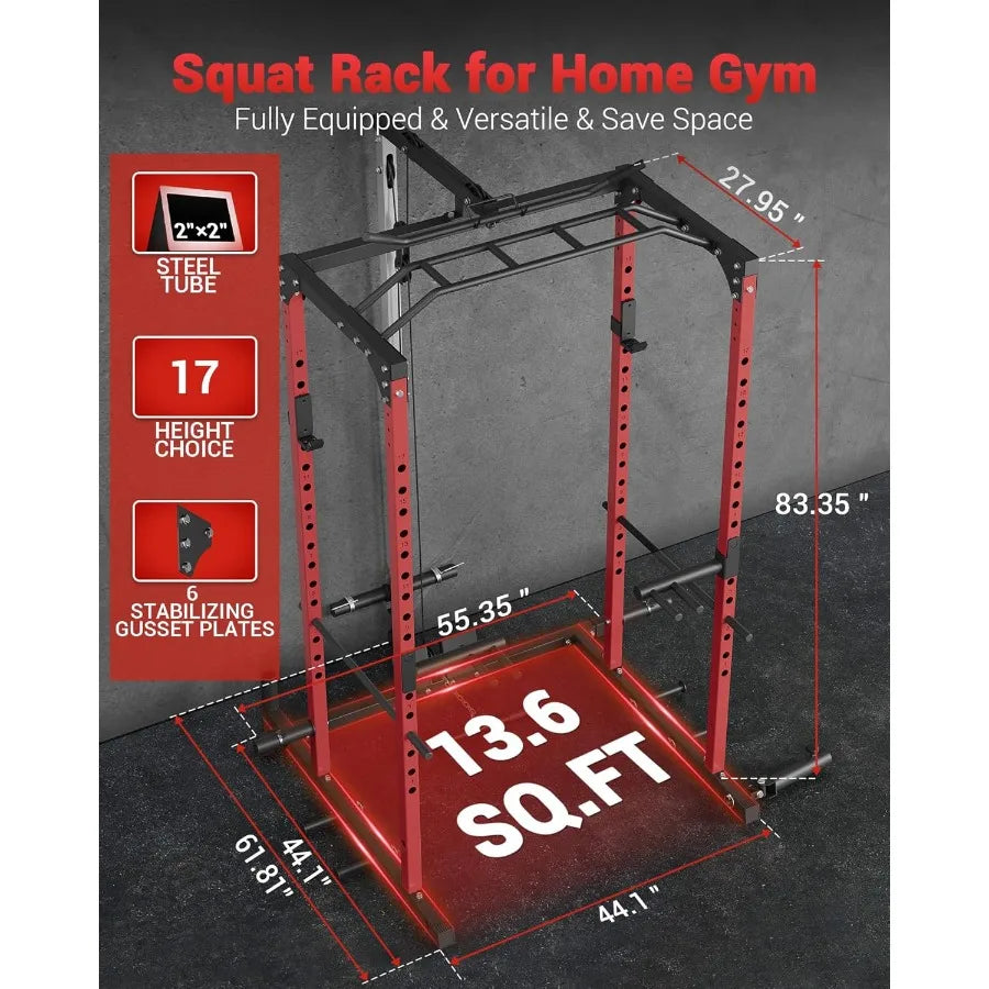 Power Cage Power Racks for Home Gym with Pulley System 1200LBS Weight Capacity MultiFunctional Squat Rack for Strength Workout