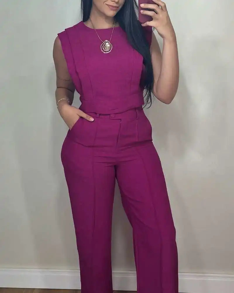 2026 Casual Solid Color Commuting Suit Spring And Summer New Fashion Sleeveless Loose Top With Straight Trousers Two-piece Set