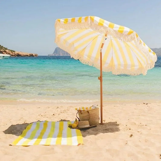 2m yellow striped umbrella with tassels, outdoor shade, beach umbrella, courtyard camping, sun protection
