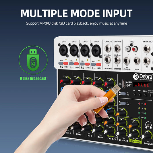 Debra V4/V8 Audio Mixer DJ Controller with Bluetooth USB 48V Phantom Power 4/8Channel Audio Mixer for Karaoke PC Recording
