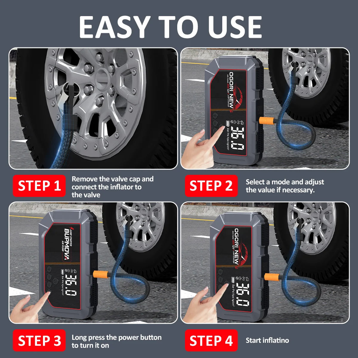 4 in 1 Car Jump Starter with Air Compressor 4000A Portable Power Bank 150PSI Tire Inflator Auto Portable Battery Starter for Car