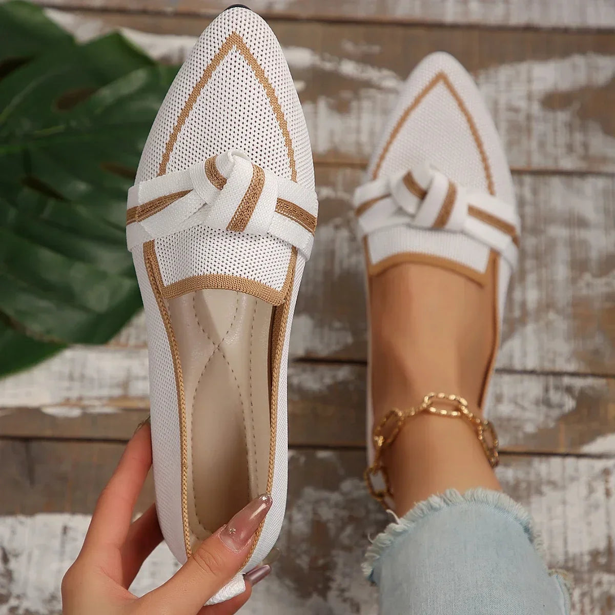 Women Flats 2024 New Knitted Slip Breathable Comfortable Solid Color Shoes Casual Pointed Toe Walking Loafers Sneakers Women