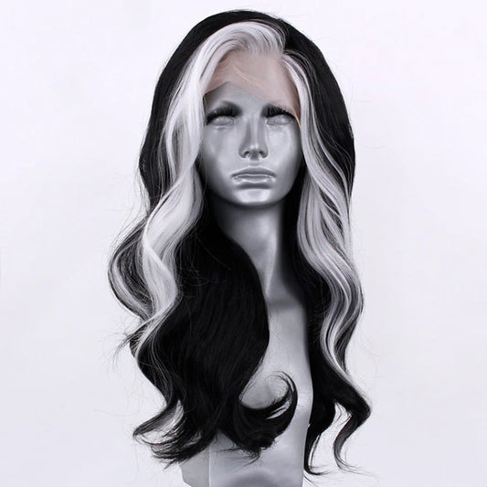 Long Highlight Wig 13X4 Synthetic Lace Front Wig For Women Body Wave Lace Wigs White And Black Ombre Pre Plucked Cosplay Wig