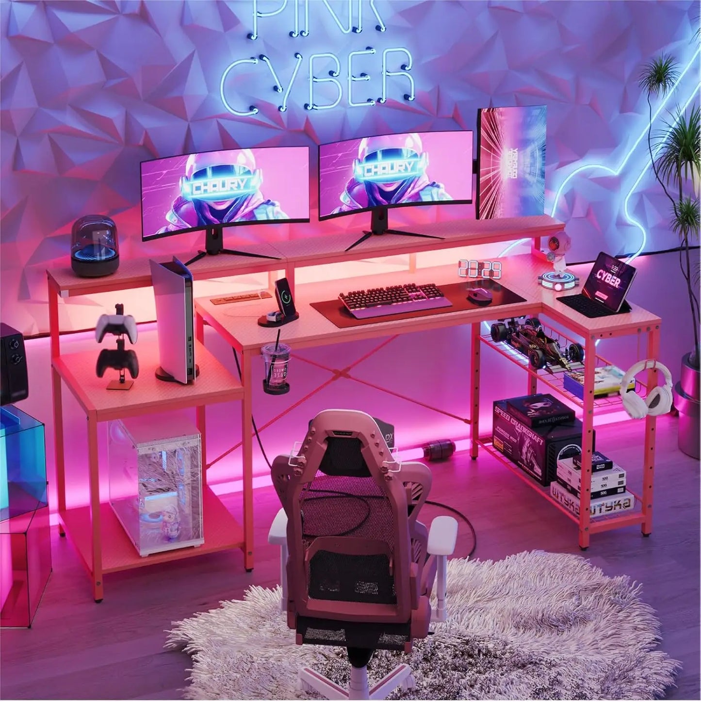 71.5 inch Computer Desk with Power Outlets, LED Large Home Office Desk with Monitor Stand, L Shaped Corner Desk, Customized