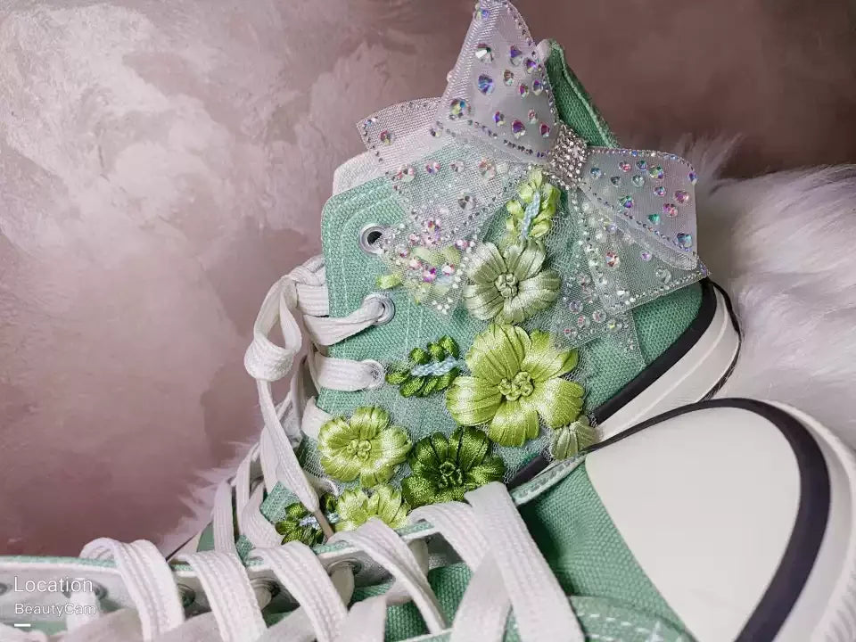 High-top Canvas Shoes for Women Green Bow Embroidery Flower Candy Color Canvas Handmade Fashion Casual Shoe Big Size 43 44