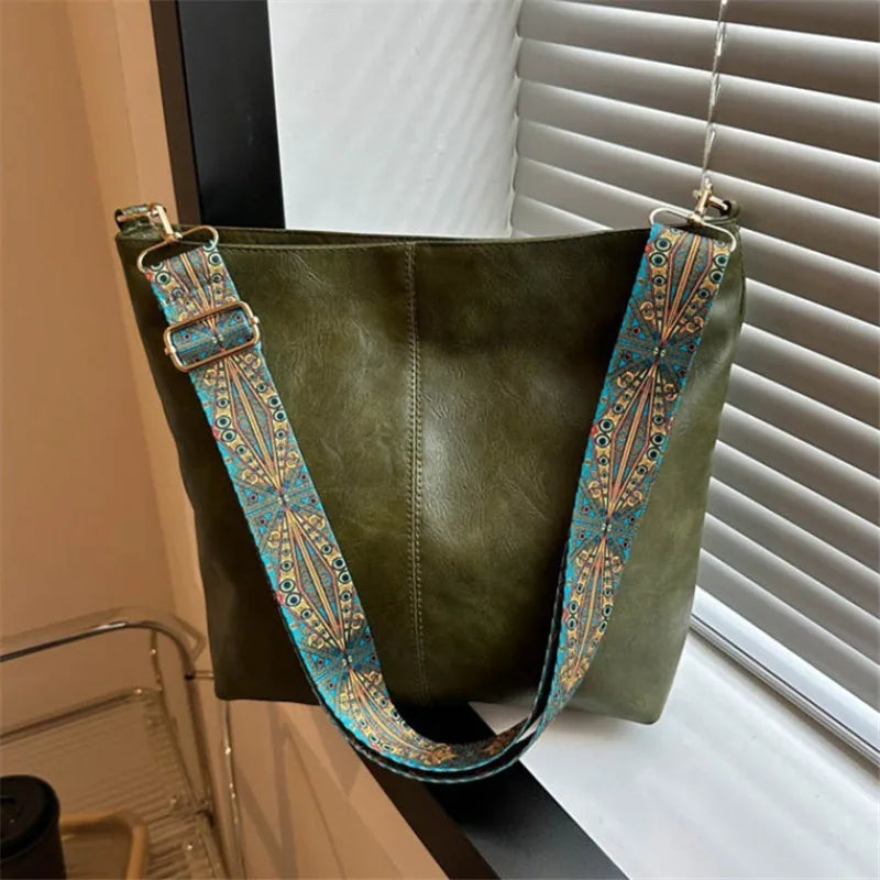 Bohemian Style Women Shoulder Bag, Vintage Wide Strap Crossbody with Intricate Embroidery, Versatile for Casual Commuting Wear